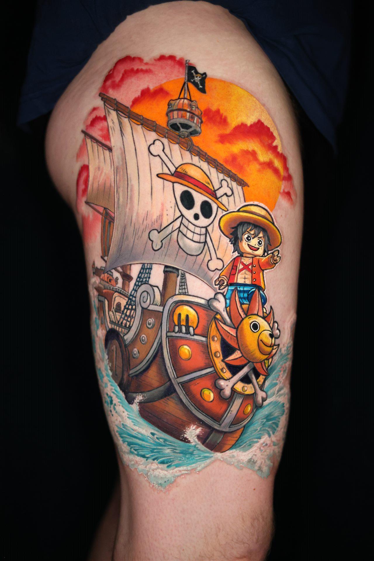 One Piece — Luffy & Going Merry color tattoo